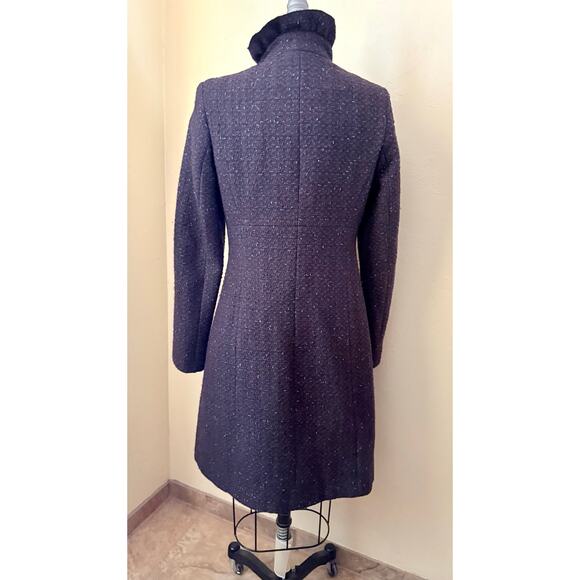 DKNY Vintage Wool Ruffle Tweed Coat Size 2 Cabernet Retro High Neck Jacket - Picture 4 of 8